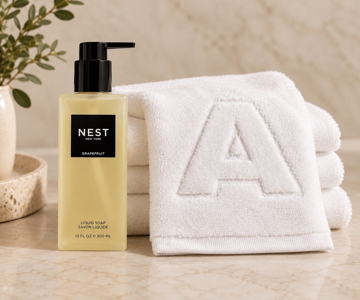 Monogrammed towels and premium bath amenity gift