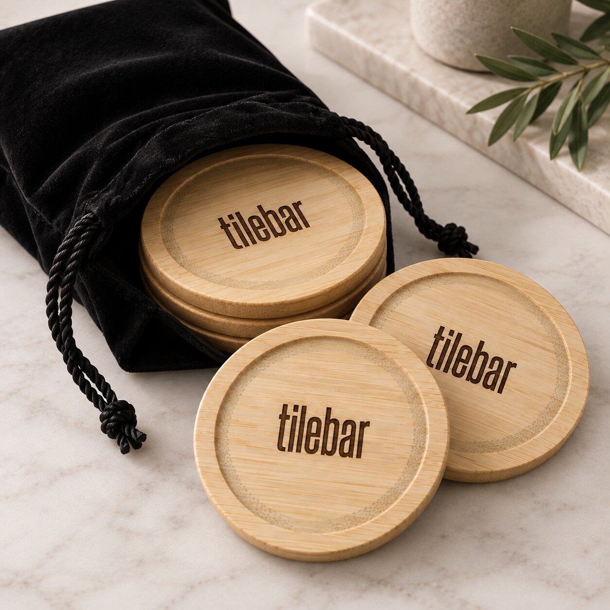 Tilebar branded wooden coasters