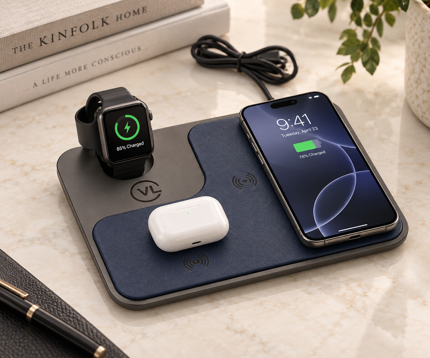 Executive wireless charging station for phone, watch, and earbuds